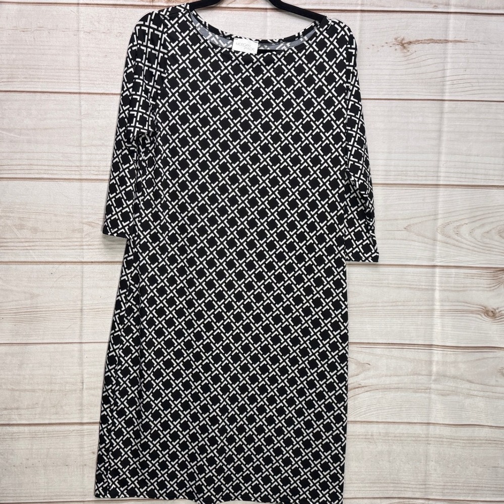 Morgan Taylor Womens Black White Geometric Diamond Print 3/4 Sleeve Dress L